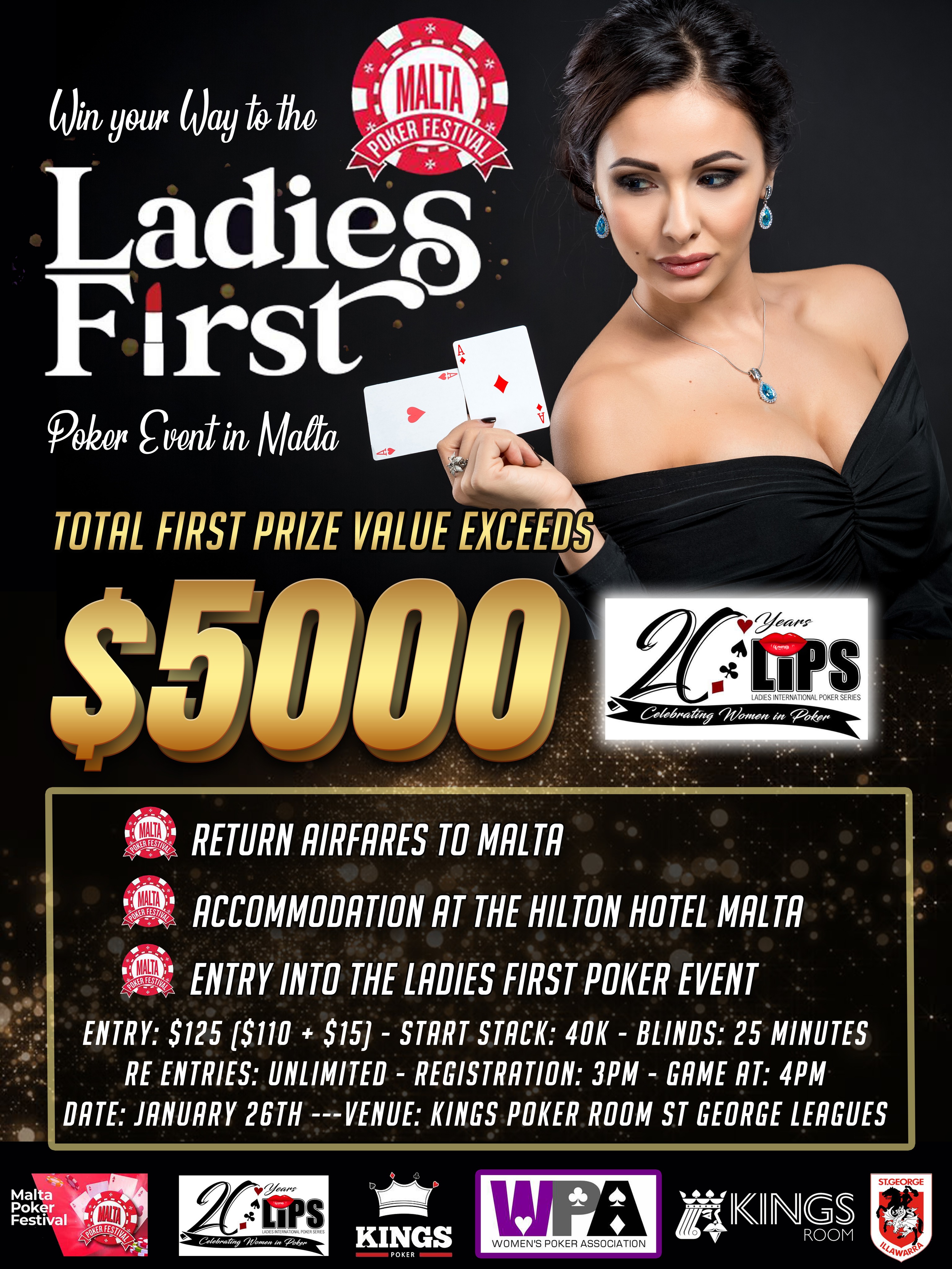 Australia’s LIPS 20th Anniversary Ladies Event in Conjunction With Kings Room, Malta Poker Festival and WPAI in Sydney on Australia Day!